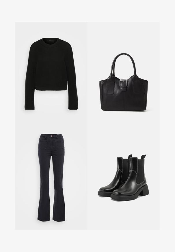 Black knitted sweater with a crew neckline and long sleeves. Features a textured pattern and a cropped design.; Flared black jeans made of denim, featuring high waist, front pockets, and slight fraying at the hems. Smooth texture and fitted through hips.; Black leather Chelsea boots with a chunky heel, elastic side panels, and contrasting white stitching. Textured finish.; Black leather tote bag with smooth texture, structured shape, two handles, and a prominent silver buckle detail on the front.