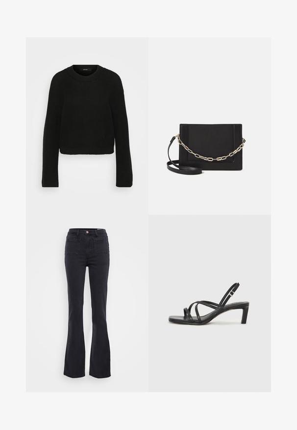 Mustat neulotut neulepaidat, joissa on pyöreä kaula-aukko ja pitkät hihat. Sisältää tekstuurisen kuvion ja lyhennetyn muotoilun.; Mustat flare-farkut, jotka on valmistettu denimiestä, korkea vyötärö, etutaskut ja lievää kulumista helmoissa. Sileä rakenne ja tiukka vyötäröön.; Mustat hihnalligat, joissa on neliön muotoinen kärki ja matala lohkokorko. Ominaisuuksiin kuuluu useita ohuita hihnoja ja säädettävä nilkkahihna. Valmistettu sileästä nahasta.; Musta nahkainen olkalaukku, jossa on sileä pinta, suorakulmainen muoto ja metalliketju yksityiskohtana edessä. Mukana säädettävä hihna.