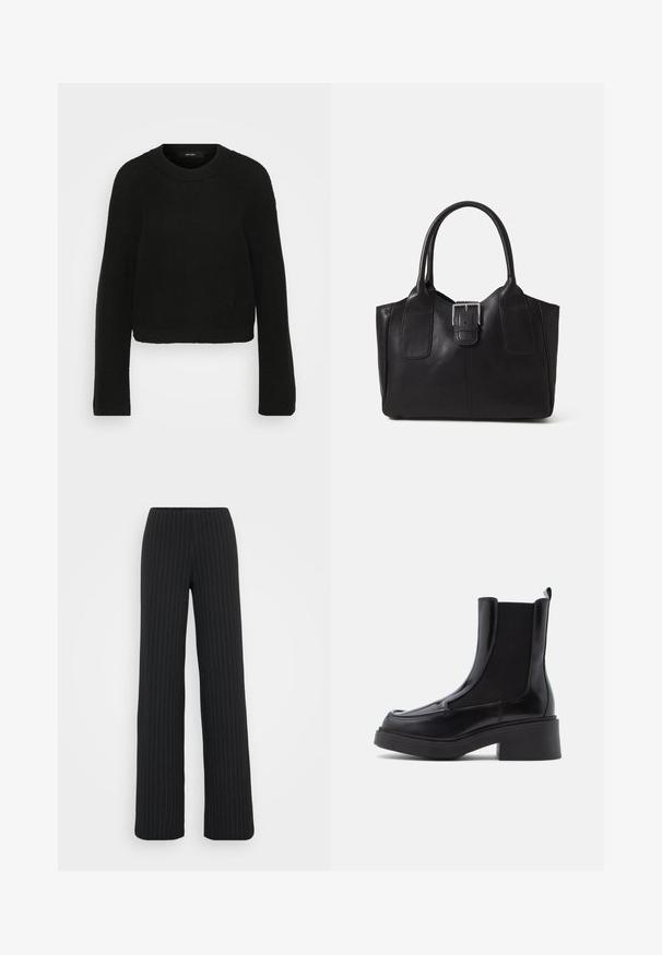 Zwart gebreid sweater met een ronde halslijn en lange mouwen. Heeft een gestructureerd patroon en een verkort ontwerp.; Vero Moda Tall VMBERLIN MY WIDE - Broek - obsidian/oatmeal; Zwarte chelsea boots met een stevige hak, voorzien van een glanzend leren bovenwerk en elastische zijpanelen voor gemakkelijk aan- en uittrekken. Solide rubberen zool.; Zwarte leren tote bag met een gladde textuur, gestructureerde vorm, twee handvatten en een opvallend zilveren sluitingdetail aan de voorkant.