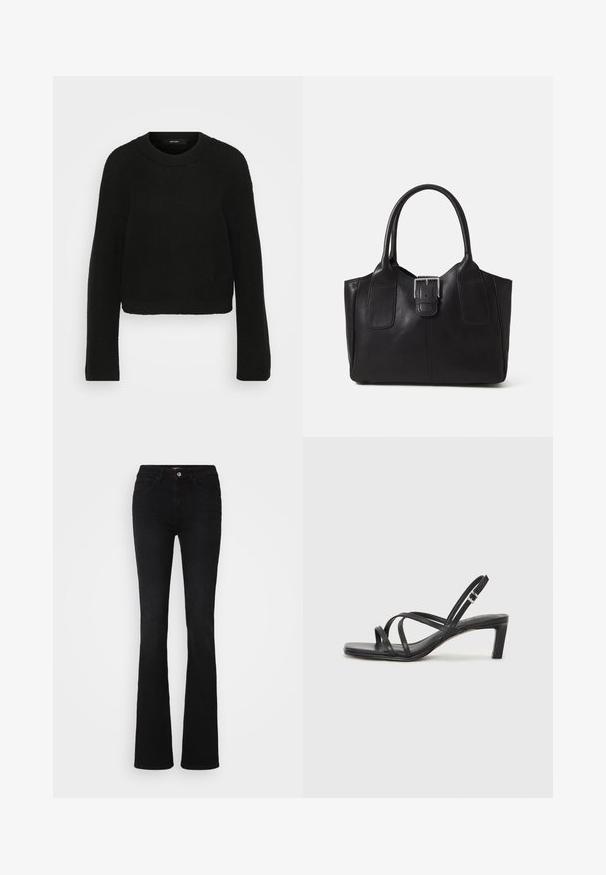 Mustmust jume mustris with ringiga ja pikkade varrukatega. Omab tekstuurset mustrit ja lühendatud disaini.; Mustast puhvline teksas, mis on valmistatud denimist, sisaldab klassikalist viit taskut, tagasihoidlikku õmblemist ja esimest nupukinnitust.; Mustast rihmajalatsid ruudukujulise varba ja madala ploki kontsaga. Omab mitmeid õhukesi rihmasid ja reguleeritavat pahkluu rihma. Valmistatud siledast nahast.; Mustgamma nahast kott, millel on sile tekstuur, struktureeritud kuju, kaks käepidet ja esiküljel silmapaistev hõbedane pandla detail.