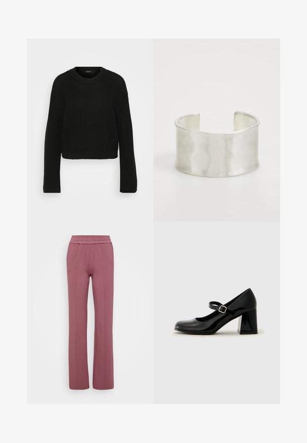 Pulover tricotat negru cu gât rotund și mâneci lungi. Prezintă un model texturat și un design scurt.; Pantaloni drept de culoare mov deschis, cu un brâu elastic. Fabricati dintr-un material moale, având cusături verticale pentru un aspect croit.; Pantofii Mary Jane din piele patent neagră, cu vârful rotund, curea ajustabilă și toc rectangular, masiv. Textură netedă cu finisaj lucios.; Zign Brăţară - silver-coloured