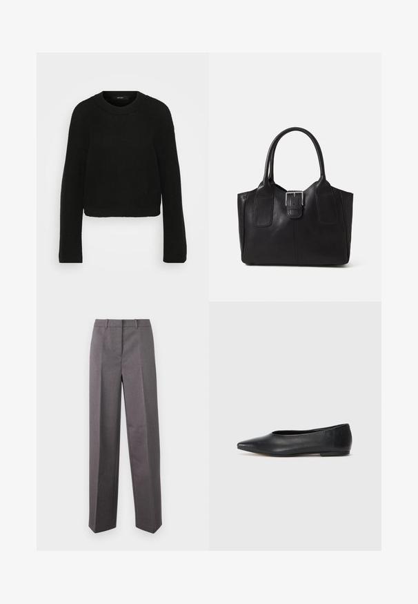 Mustat neulotut neulepaidat, joissa on pyöreä kaula-aukko ja pitkät hihat. Sisältää tekstuurisen kuvion ja lyhennetyn muotoilun.; Harmaat räätälöidyt housut, jotka on valmistettu teksturoidusta kankaasta, ja niissä on suora lahjemuotoilu, litteä etu ja vyölenkit.; Musta nahkainen ballerinatyyppinen kenkä, terävä kärki, minimalinen muotoilu, sileä pinta, matala korko, ei näkyvää metalliosaa tai koristeita.; Musta nahkainen olkalaukku, jossa on sileä pinta, ryhdikäs muoto, kaksi kahvaa ja silmienpistävä hopeinen solkiyksityiskohta edessä.