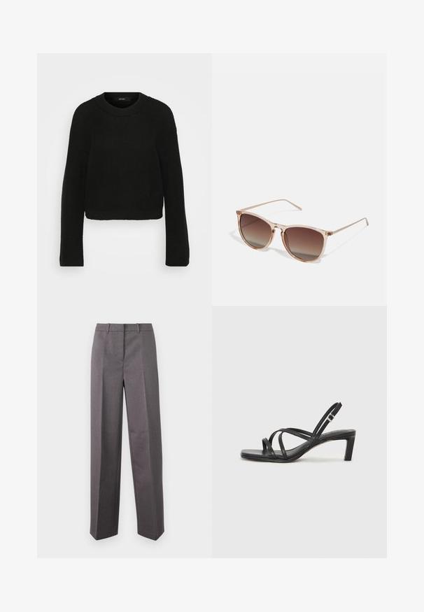 Melna adīta džemperis ar klasisku apkakli un garām piedurknēm. Iezīmēts ar teksturētu motīvu un īsāku dizainu.; Pelēki pielāgoti bikses, kas izgatavotas no teksturēta auduma, ar taisnām kājām, plakanu priekšpusi un jostas cilpām.; Melnas strappy sandales ar kvadrātveida purngaliem un zemu bloku papēdi. Ievērojamas ar vairākiem plāniem siksniņām un regulējamu potītes siksniņu. Izgatavotas no gludas ādas.; Brūna gradienta saulesbrilles ar caurspīdīgu rozā rāmi, kvadrātveida forma un plānas metāla kājas. Iespējamās noapaļotas malas un minimāls dizains.