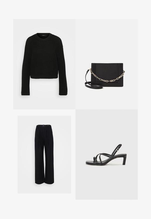Čierny pletený sveter s okrúhlym výstrihom a dlhými rukávmi. Má textúrovaný vzor a skrátený strih.; Čierne nohavice s širokými nohavicami vyrobené z ľahkého materiálu, so skladaným predným dielom, vysokým pásom a voľným strihom pre pohodlie.; Čierne sandále na vysokom podpätku so štvorcovou špičkou a nízkym blokovým podpätkom. Obsahujú viacero tenkých popruhov a nastaviteľný členkový popruh. Vyrobené z hladkej kože.; Čierna kožená crossbody taška s hladkou textúrou, obdĺžnikovým tvarom a kovovým reťazovým detailom na prednej strane. Súčasťou je nastaviteľný popruh.