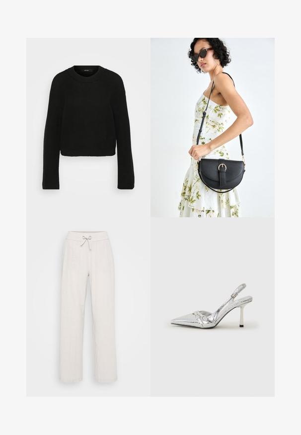 Črna pletena pulover z okroglo ovratnikom in dolgimi rokavi. Ima teksturiran vzorec in skrajšan dizajn.; Svetlo bež lanene hlače z širokim krojem, elastičnim pasom in sprednjim pasom. Teksturna tkanina dodaja vizualni interes.; Srebrna slingback visoka peta čevlja s špičastim nosom, metalnim finišem, dvema dekorativnima trakama in tanko peto z črnim vrhom.; Črna usnjena torbica s ukrivljeno obliko, z odstranljivo naramnico in zlatimi dodatki. Torbica ima pokrov s podrobnostmi v obliki zaponke.