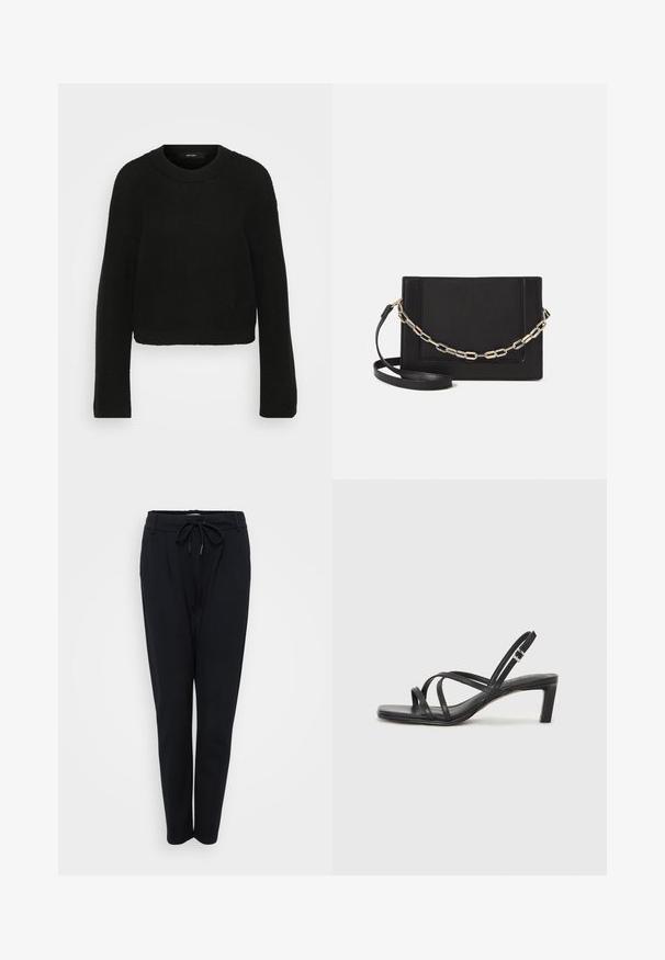 Mustmust jume mustris with ringiga ja pikkade varrukatega. Omab tekstuurset mustrit ja lühendatud disaini.; Mustad mustad püksid, millel on nööriga talje, kitsenevad jalad ja sile tekstuur. Omavad küljetaskuid ja puhta, minimalistliku disaini.; Mustast rihmajalatsid ruudukujulise varba ja madala ploki kontsaga. Omab mitmeid õhukesi rihmasid ja reguleeritavat pahkluu rihma. Valmistatud siledast nahast.; Mustast nahast õlakott, mis omab siledat tekstuuri, ristküliku kuju ning esiküljel metallketi detaili. Reguleeritav rihm on kaasas.