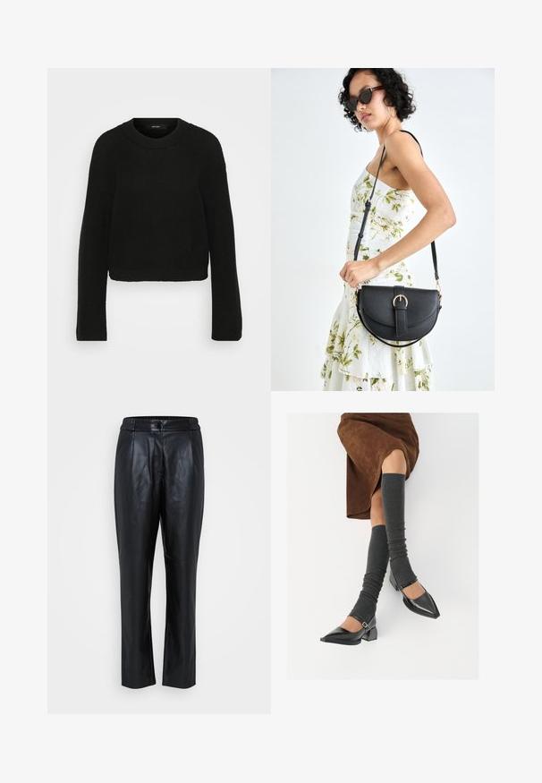 Zwart gebreid sweater met een ronde halslijn en lange mouwen. Heeft een gestructureerd patroon en een verkort ontwerp.; Zwarte leren broek met een gladde textuur, een tapered leg ontwerp, elastische tailleband en naaddetails aan de voorkant. Geschikt voor zowel casual als formele kleding.; Zwarte gepatineerde leren pumps met een puntige neus, een blokhak en een enkelbandje, gecombineerd met grijze geribde beenwarmers en een bruine suède rok.; Zwarte leren handtas met een gebogen vorm, afneembare schouderband en gouden hardware. De tas heeft een klep met een gespsluiting.; Zilveren ronde oorbellen met een strak ontwerp, voorzien van een glad oppervlak en zonder zichtbare versieringen. Diameter niet opgegeven.