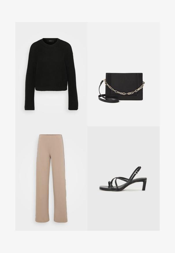 Czarny sweter z dzianiny z okrągłym dekoltem i długimi rękawami. Posiada teksturowany wzór oraz krótki krój.; Beżowe spodnie w szerokim kroju z gładką fakturą i czarnymi bocznymi pasami. Posiadają wysoki stan, co nadaje sylwetce smukły wygląd.; Czarne sandały na obcasie z prostokątnym noskiem i niskim słupkowym obcasem. Posiadają wiele cienkich pasków i regulowany pasek na kostkę. Wykonane z gładkiej skóry.; Czarna skórzana torebka typu crossbody z gładką teksturą, prostokątnym kształtem oraz metalowym detalem w postaci łańcuszka z przodu. W zestawie regulowany pasek.