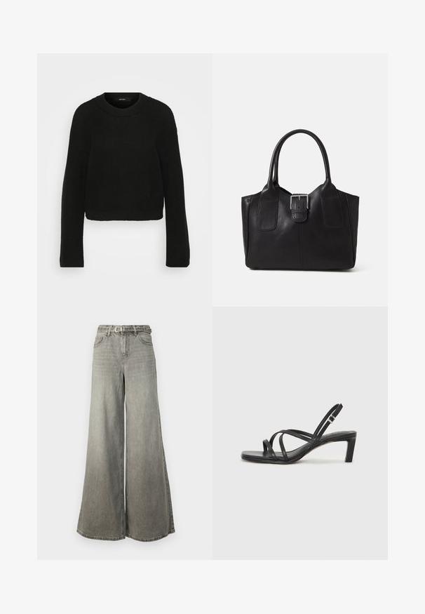 Čierny pletený sveter s okrúhlym výstrihom a dlhými rukávmi. Má textúrovaný vzor a skrátený strih.; Vero Moda Tall VMANNET WIDE BELT - Široké nohavice - medium grey denim; Čierne sandále na vysokom podpätku so štvorcovou špičkou a nízkym blokovým podpätkom. Obsahujú viacero tenkých popruhov a nastaviteľný členkový popruh. Vyrobené z hladkej kože.; Čierna kožená taška s hladkou textúrou, štruktúrovaným tvarom, dvoma uchami a výrazným strieborným prackovým detailom na prednej strane.