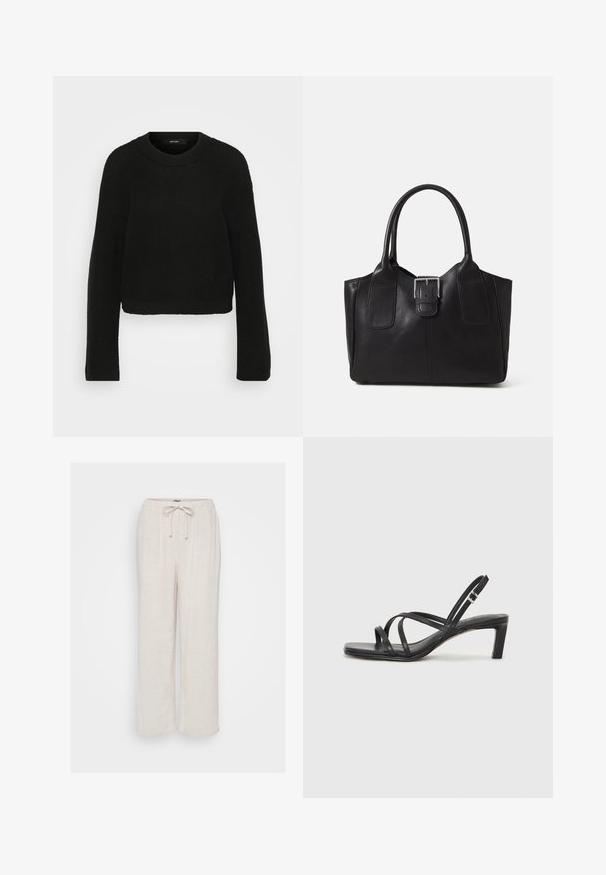 Fekete kötött pulóver kerek nyakkivágással és hosszú ujjakkal. Tömör mintával és rövidített fazonnal rendelkezik.; Világos bézs vászon nadrág, laza szabással, rugalmas derékpánttal és állítható zsinórral. Finom textúrával és széles lábakkal rendelkezik.; Fekete pántos szandál négyzetes orral és alacsony blokk sarkal. Több vékony pánttal és állítható boka pánttal rendelkezik. Sima bőrből készült.; Fekete bőr bevásárlótáska sima textúrával, strukturált formával, két fogantyúval és egy figyelemfelkeltő ezüst csattal az elején.