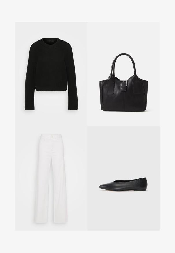 Black knitted sweater with a crew neckline and long sleeves. Features a textured pattern and a cropped design.; White wide-leg pants made from cotton, featuring a front button closure, belt loops, and a smooth texture. No visible patterns or accents.; Black leather ballet flat, pointed toe, minimalistic design, smooth texture, low-profile heel, no visible hardware or embellishments.; Black leather tote bag with smooth texture, structured shape, two handles, and a prominent silver buckle detail on the front.