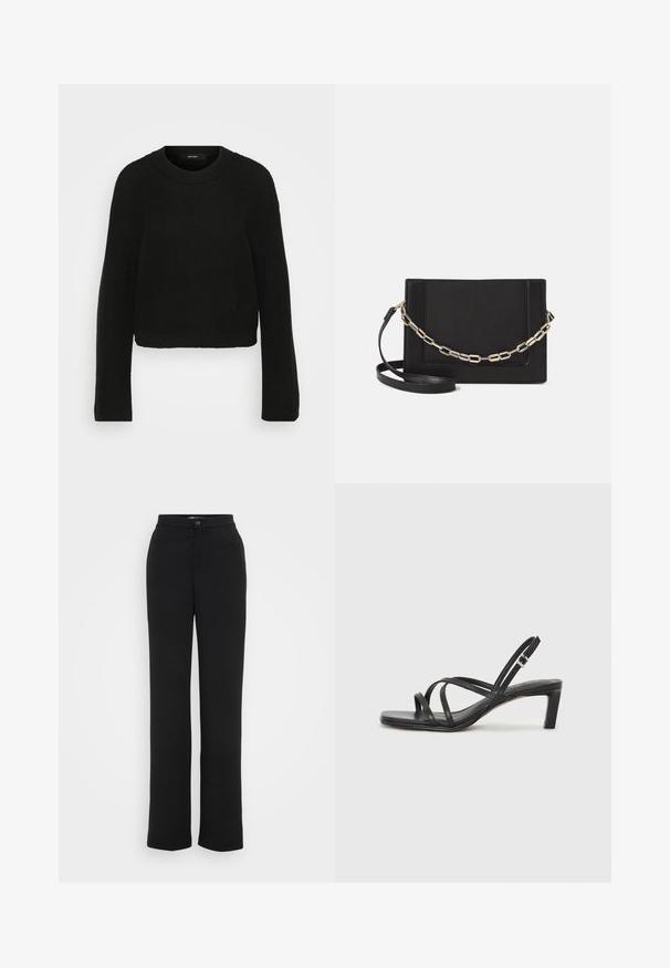 Svart strikket genser med rund hals og lange ermer. Den har et teksturert mønster og et cropped design.; Sorte, rette bukser laget av lett materiale med knappelukking og minimalistisk design uten synlige mønstre eller detaljer.; Sorte sandaler med stropper, firkantet tå og lav blokk hæl. Har flere tynne stropper og en justerbar ankelstropp. Laget av glatt lær.; Svart lær crossbody-veske med glatt tekstur, rektangulær form og metallkjede detaljer på framsiden. Justerbar stroppe inkludert.