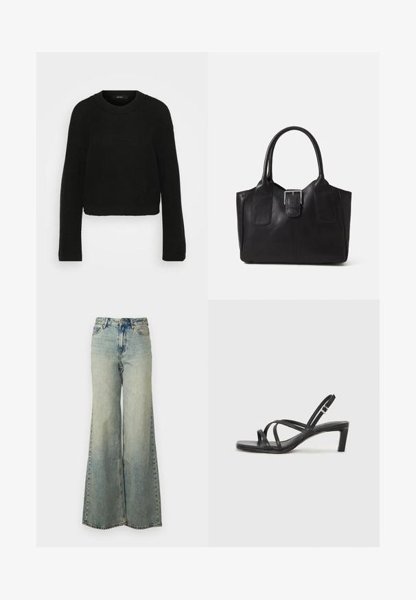 Fekete kötött pulóver kerek nyakkivágással és hosszú ujjakkal. Tömör mintával és rövidített fazonnal rendelkezik.; Világoskék, bő szárú farmernadrág, magas derekú, kopott mosással és látható varrású oldalsó zsebekkel.; Fekete pántos szandál négyzetes orral és alacsony blokk sarkal. Több vékony pánttal és állítható boka pánttal rendelkezik. Sima bőrből készült.; Fekete bőr bevásárlótáska sima textúrával, strukturált formával, két fogantyúval és egy figyelemfelkeltő ezüst csattal az elején.