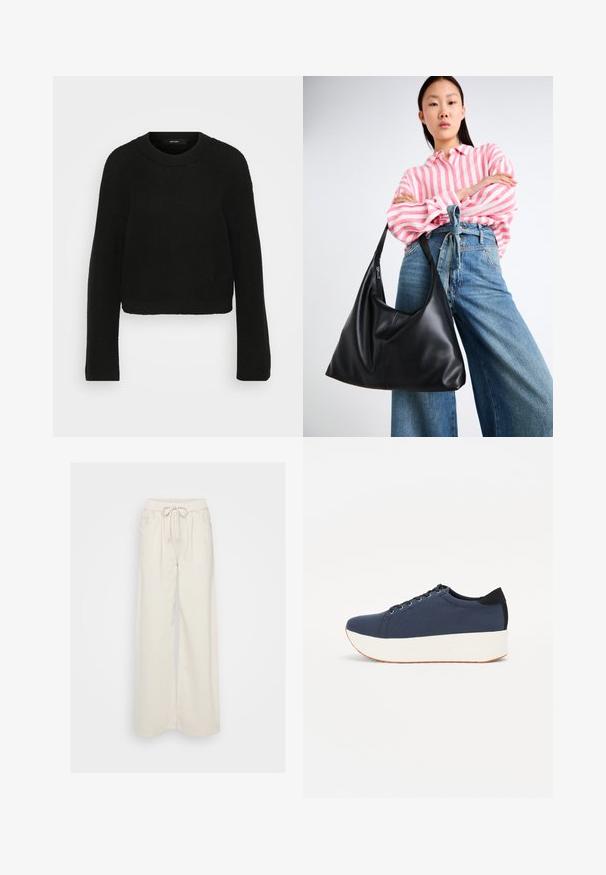 Pulover tricotat negru cu gât rotund și mâneci lungi. Prezintă un model texturat și un design scurt.; Pantaloni largi de culoare crem, confecționați dintr-un material moale, cu talie elastică și șnur. Au două buzunare laterale.; Sneaker albastru închis, cu un material texturat pe partea superioară, talpă platformă albă, vârf rotunjit și accent de călcâi negru. Dispune de șase găuri pentru șireturi.; Geantă de umăr din piele neagră, cu o formă lejeră și detalii de cusătură. Modelul poartă o bluză cu dungi roz și alb și jeans largi albaștri.