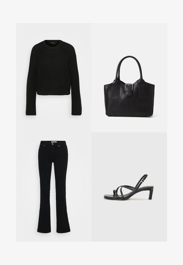 Mustmust jume mustris with ringiga ja pikkade varrukatega. Omab tekstuurset mustrit ja lühendatud disaini.; Mustad flared teksapüksid klassikalise viie tasku disainiga, hõbedaste detailidega ja nööbiga sulgemine taljes.; Mustast rihmajalatsid ruudukujulise varba ja madala ploki kontsaga. Omab mitmeid õhukesi rihmasid ja reguleeritavat pahkluu rihma. Valmistatud siledast nahast.; Mustgamma nahast kott, millel on sile tekstuur, struktureeritud kuju, kaks käepidet ja esiküljel silmapaistev hõbedane pandla detail.; Hõbedane kahekordne rõngas sujuva, poleeritud pinnaga. Omab voolavat, kõverat disaini, millel on kattuvad sektsioonid, et saavutada kaasaegne ilme.