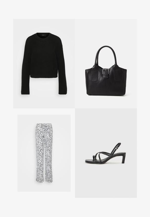 Sort strikket sweater med rund halsudskæring og lange ærmer. Har et struktureret mønster og en cropped design.; Hvide bukser med et marineblåt abstrakt mønster, som har et elastisk talje og justerbar snor. Lige ben design med en loose fit.; Sort remsandale med firkantet tå og en lav blokeret hæl. Har flere tynde stropper og en justerbar ankelrem. Fremstillet af glat læder.; Sort læder tote taske med glat tekstur, struktureret form, to håndtag og en fremtrædende sølvspænde detalje på forsiden.