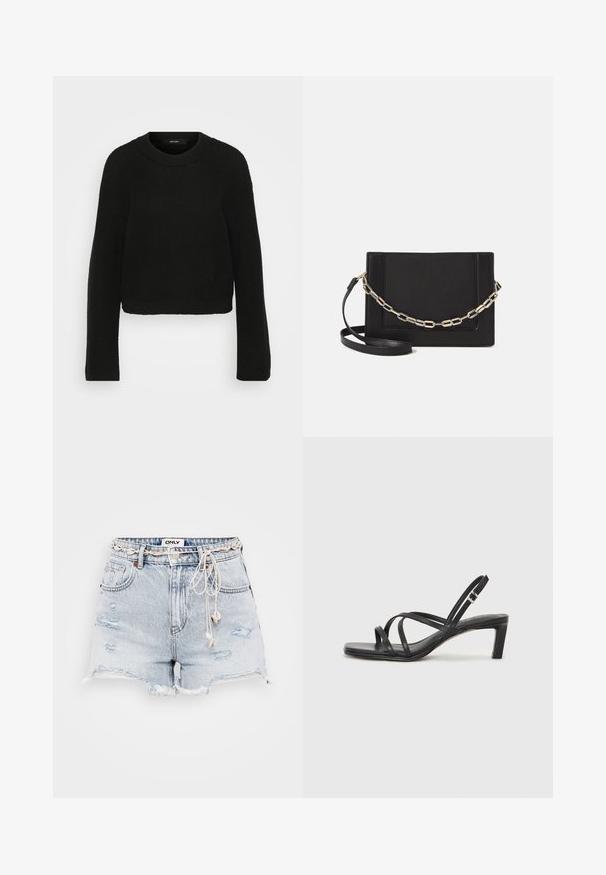 Juodas megztinis su apvalia iškirpte ir ilgomis rankovėmis. Turi tekstūrinį raštą ir trumpą dizainą.; Šviesiai mėlynos džinsinės šortai su suplėšytu kraštu, susidėvėjusiomis detalėmis, reguliuojama smėlio spalvos raišteliu ir firminiu etiketu ant juosmens.; Juodi šlepetės su kvadratiniu pirštu ir žemu bloku kulnu. Yra keli ploni dirželiai ir reguliuojamas kulkšnies diržas. Pagaminti iš lygios odos.; Juodas odinis per petį nešiojamas krepšys turi lygų paviršių, stačiakampio formą ir metalinę grandinėlę priekyje. Pridedama reguliuojama dirželis.