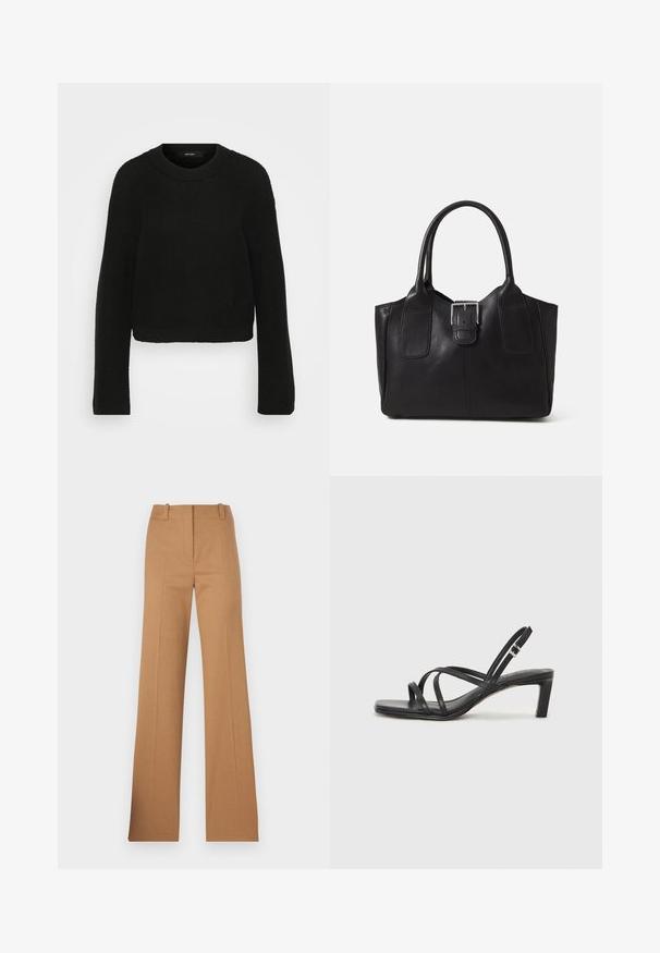 Crna pletena bunda s okruglim izrezom i dugim rukavima. Ima teksturirani uzorak i skraćeni dizajn.; HUGO HULANA - Chino hlače - open brown; Crne sandale s trakama, kvadratnim prstom i niskom blok petom. Ima više tankih trakica i podesivu trakicu oko gležnja. Izrađene su od glatke kože.; Crna kožna torba za nošenje s glatkom teksturom, strukturiranim oblikom, dvije ručke i istaknutim srebrnim kopčanjem na prednjoj strani.
