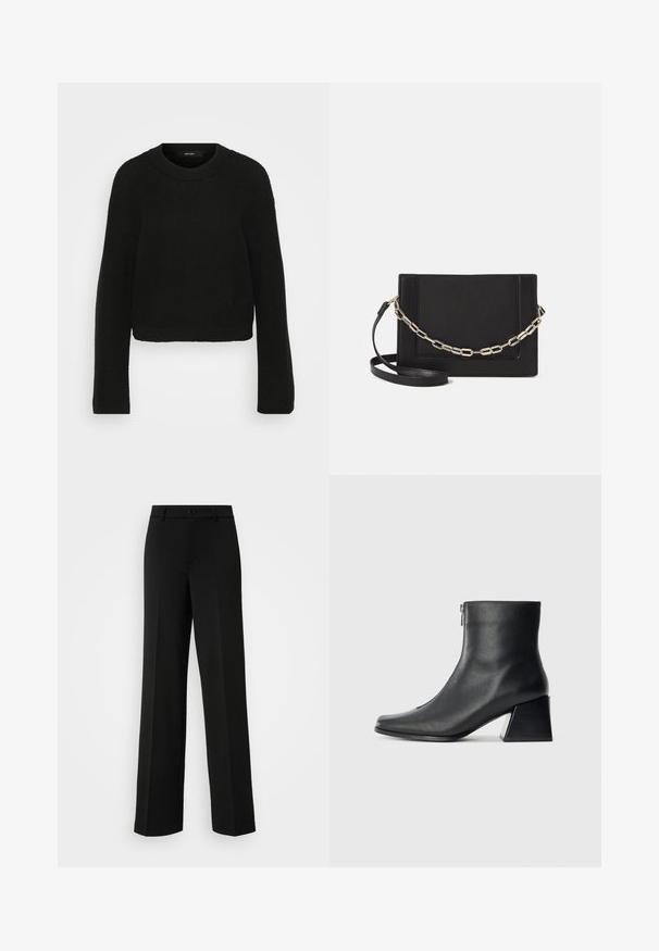 Schwarzer Strickpullover mit Rundhalsausschnitt und langen Ärmeln. Hat ein strukturiertes Muster und ein kurzes Design.; ONLY Tall ONLPEACH LIFE WIDE - Stoffhose - black; Schwarze Lederstiefelette mit quadrater Zehenform, seitlichem Reißverschluss und Blockabsatz vor einem schlichten hellen Hintergrund.; Schwarze Leder-Crossbody-Tasche mit glatter Textur, rechteckiger Form und metallic-kettendetail auf der Vorderseite. Verstellbarer Gurt inklusive.