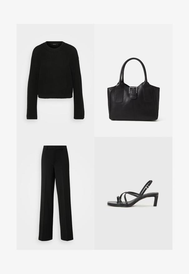 Black knitted sweater with a crew neckline and long sleeves. Features a textured pattern and a cropped design.; ONLY Tall ONLPEACH LIFE WIDE - Trousers - black; Black strappy sandal with a square toe and a low block heel. Features multiple thin straps and an adjustable ankle strap. Made of smooth leather.; Black leather tote bag with smooth texture, structured shape, two handles, and a prominent silver buckle detail on the front.
