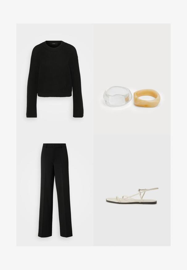 Mustmust jume mustris with ringiga ja pikkade varrukatega. Omab tekstuurset mustrit ja lühendatud disaini.; ONLY Tall ONLPEACH LIFE WIDE - Püksid - black; Bežid lame sandaal, millel on mitu peenikest rihma ja reguleeritav pandla. Tallal on lame pind, mille ääres on kerge tumedam kontrast.; Selge ja merevaigu pringi, üks sile ja läbipaistev, teine tekstuurse, merevaigu viimistlusega. Mõlemad omavad ümarat, tugevat disaini.