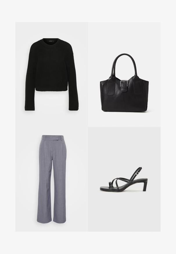 Pulover tricotat negru cu gât rotund și mâneci lungi. Prezintă un model texturat și un design scurt.; Pantaloni gri cu picioare late, realizați dintr-un material texturat. Au un talie plată cu bucle pentru curea și pliseuri în față pentru un detaliu suplimentar.; Sandal cu barete negre, cu vârf pătrat și toc mic de bloc. Prezintă mai multe barete subțiri și o bareta ajustabilă la gleznă. Fabricat din piele netedă.; Geantă tote din piele neagră cu textură netedă, formă structurată, două mânere și un detaliu proeminent din aliaj de argint pe partea din față.
