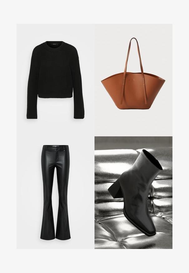 Fekete kötött pulóver kerek nyakkivágással és hosszú ujjakkal. Tömör mintával és rövidített fazonnal rendelkezik.; Fekete műbőrből készült, bővülő nadrág, sima felülettel, közepes derékkal és struktúrált varratokkal, cipzáros záródással és övhurkokkal.; Fekete bokacsizma fényes anyagból, négyzetes orral és szűkített sarkú, egy csillogó ezüst kárpitozott háttér előtt.; Barna bőr táska széles, struktúrált formával, vékony fogantyúkkal és texturált felülettel. Minimalista dizájnnal rendelkezik, látható fémrészek nélkül.