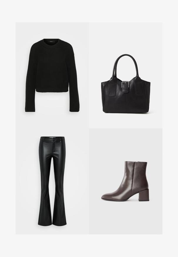 Zwart gebreid sweater met een ronde halslijn en lange mouwen. Heeft een gestructureerd patroon en een verkort ontwerp.; Zwarte neplederen flared broek met een gladde textuur, een medium hoge taille en gestructureerde naden, met een ritssluiting en ceintuurlussen.; Bruine leren enkelboot met een elegant ontwerp, spitse neus en vierkante blokhak. Gladde textuur en minimalistische silhouet.; Zwarte leren tote bag met een gladde textuur, gestructureerde vorm, twee handvatten en een opvallend zilveren sluitingdetail aan de voorkant.