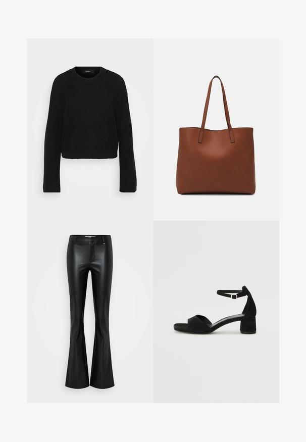 Pulover tricotat negru cu gât rotund și mâneci lungi. Prezintă un model texturat și un design scurt.; Pantaloni flared din piele sintetică neagră, cu o textură netedă, talie medie și cusături structurate, având un fermoar la închidere și curea în talie.; Sandale cu toc din suede negru, cu o curea subțire la gleznă, design cu vârful deschis și un toc modest de tip bloc. Textură netedă și accente minime.; Geantă de umăr din piele maro cu o textură netedă, design cu vârf deschis și două curele pentru umăr. Prezintă cusături minime și fără componente metalice vizibile.
