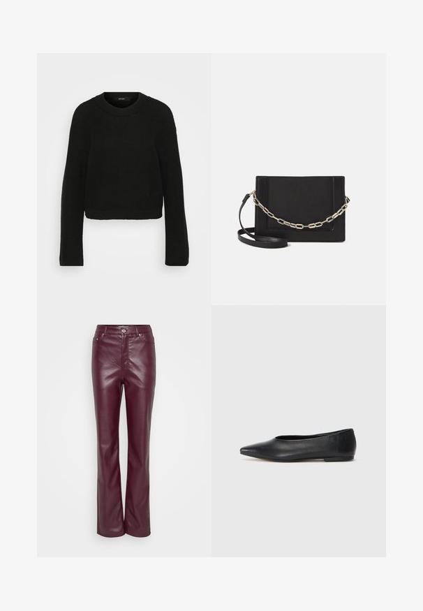 Black knitted sweater with a crew neckline and long sleeves. Features a textured pattern and a cropped design.; Burgundy leather pants with a fitted waist, straight legs, minimal stitching, and silver button closure. Smooth texture with slight shine.; Black leather ballet flat, pointed toe, minimalistic design, smooth texture, low-profile heel, no visible hardware or embellishments.; Black leather crossbody bag featuring a smooth texture, rectangular shape, and a metallic chain detail on the front. Adjustable strap included.