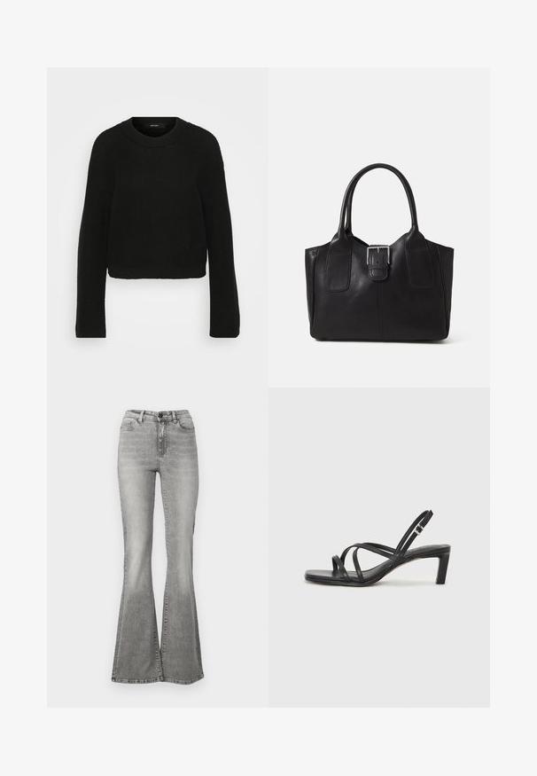 Melna adīta džemperis ar klasisku apkakli un garām piedurknēm. Iezīmēts ar teksturētu motīvu un īsāku dizainu.; Pelēki flared džinsi, izgatavoti no džinsauduma, ar augstu jostas vietu, priekšējām kabatām un izbalējuma efektu. Apakšmalai ir nedaudz plašāka forma, radot flared stilu.; Melnas strappy sandales ar kvadrātveida purngaliem un zemu bloku papēdi. Ievērojamas ar vairākiem plāniem siksniņām un regulējamu potītes siksniņu. Izgatavotas no gludas ādas.; Melnas ādas somiņa ar gludu tekstūru, strukturētu formu, divām rokturām un izteiktu sudraba sprādzi priekšpusē.