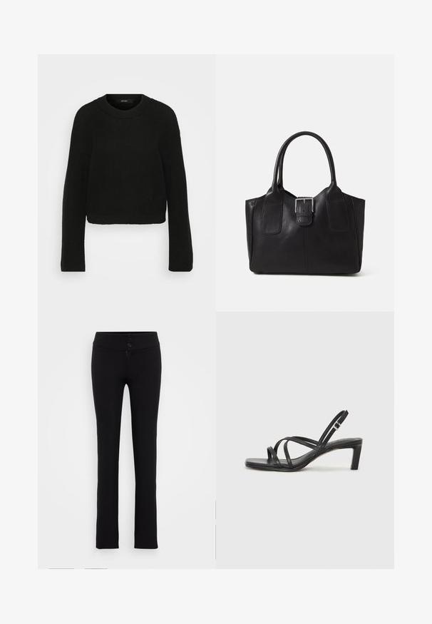 Svart strikket genser med rund hals og lange ermer. Den har et teksturert mønster og et cropped design.; Gina Tricot Tall LOW STRAIGHT TROUSERS - Bukse - black; Sorte sandaler med stropper, firkantet tå og lav blokk hæl. Har flere tynne stropper og en justerbar ankelstropp. Laget av glatt lær.; Svart skinn toteveske med jevn tekstur, strukturert form, to håndtak og en fremtredende sølvspenne foran.