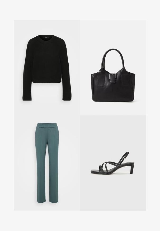 Black knitted sweater with a crew neckline and long sleeves. Features a textured pattern and a cropped design.; Teal, elastic waistband pants with a straight leg design, featuring vertical seams along the front and a smooth, soft fabric texture.; Black strappy sandal with a square toe and a low block heel. Features multiple thin straps and an adjustable ankle strap. Made of smooth leather.; Black leather tote bag with smooth texture, structured shape, two handles, and a prominent silver buckle detail on the front.