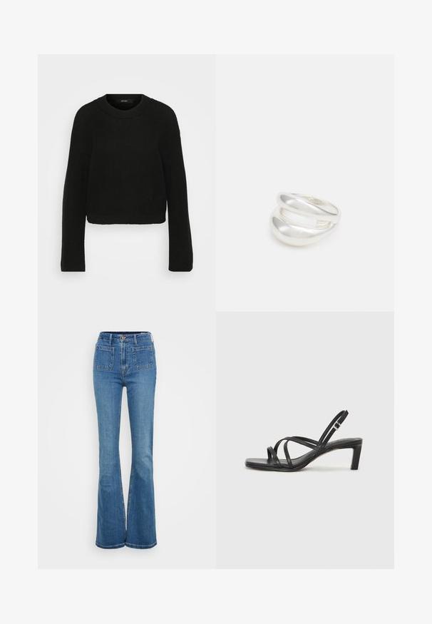 Mustat neulotut neulepaidat, joissa on pyöreä kaula-aukko ja pitkät hihat. Sisältää tekstuurisen kuvion ja lyhennetyn muotoilun.; Siniset levenevät farkut korkealla vyötäröllä, valmistettu denimestä. Aivan viisi taskua ja napitus vyötäröllä. Sileä pinta, klassinen muotoilu.; Mustat hihnalligat, joissa on neliön muotoinen kärki ja matala lohkokorko. Ominaisuuksiin kuuluu useita ohuita hihnoja ja säädettävä nilkkahihna. Valmistettu sileästä nahasta.; Hopeinen kaksinkertainen rengas, jossa on sileä, kiillotettu pinta. Siinä on sulava, kaareva muotoilu, jossa on päällekkäisiä osia modernin ilmeen saavuttamiseksi.