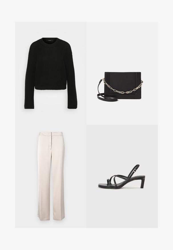 Zwart gebreid sweater met een ronde halslijn en lange mouwen. Heeft een gestructureerd patroon en een verkort ontwerp.; Beige wijde broek gemaakt van een gladde stof met een strakke silhouet, met een platte voorkant en een discrete taillebandsluiting.; Zwarte sandaal met bandjes, vierkante teen en een lage blokhak. Voorzien van meerdere dunne bandjes en een verstelbare enkelband. Gemaakt van zacht leer.; Zwarte leren schoudertas met een gladde textuur, rechthoekige vorm en een metallic kettingdetail aan de voorkant. Verstelbare schouderband inbegrepen.