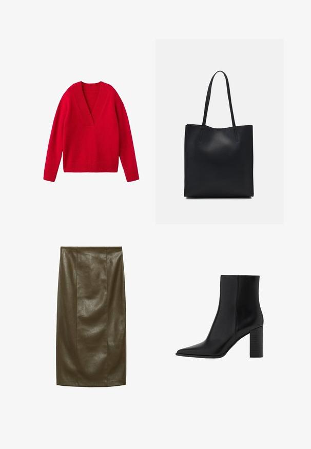 Červený pletený svetr s výstřihem do V, dlouhými rukávy a žebrovanými manžetami a lemem. Měkká textura, uvolněný střih.; Sukně v olivově zelené barvě z umělé kůže s hladkým povrchem, délka po kolena, s vertikálními švy pro přizpůsobený vzhled.; Černé kožené kotníkové boty s špičatou špičkou, čtveratým podpatkem, hladkou texturou a švy podél spojů. Výška podpatku je přibližně 8,9 centimetrů.; Černá kožená taška přes rameno s hladkým povrchem, obdélníkovým tvarem a dvěma dlouhými uchy. Žádné viditelné kování ani ozdoby.
