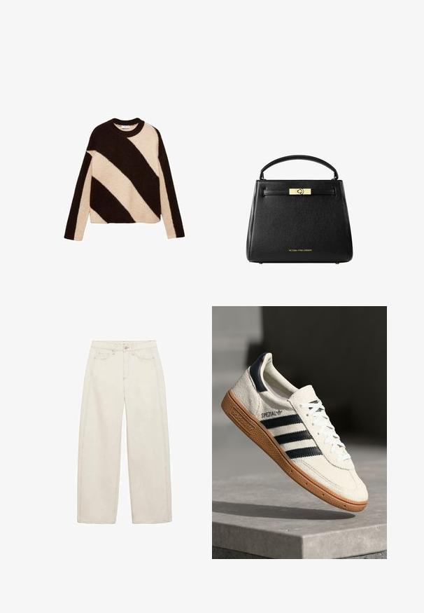 Sweter dzianinowy z odważnymi ukośnymi paskami w ciemnym brązie i kremowym, okrągły dekolt i długie rękawy. Miękka faktura.; Beżowe dżinsy w szerokim kroju wykonane z bawełny, z wysokim stanem, dwoma przednimi kieszeniami i kontrastowymi szwami. Klasyczny krój dżinsowy o luźnym fasonie.; Białe zamszowe sneakersy z granatowymi paskami, gumową podeszwą, teksturowaną górą, okrągłym noskiem i sznurowaniem; posiadają logo po boku i na języku.; Czarna skórzana torebka o strukturalnym designie, z górnym uchwytem i zapięciem w złotym odcieniu. Posiada teksturowaną powierzchnię z wytłoczonym logo.; Złoty prostokątny zegarek z białą tarczą, minimalistycznymi znacznikami godzin i metalową siateczkową bransoletą. Posiada boczną koronę do nastawiania czasu.