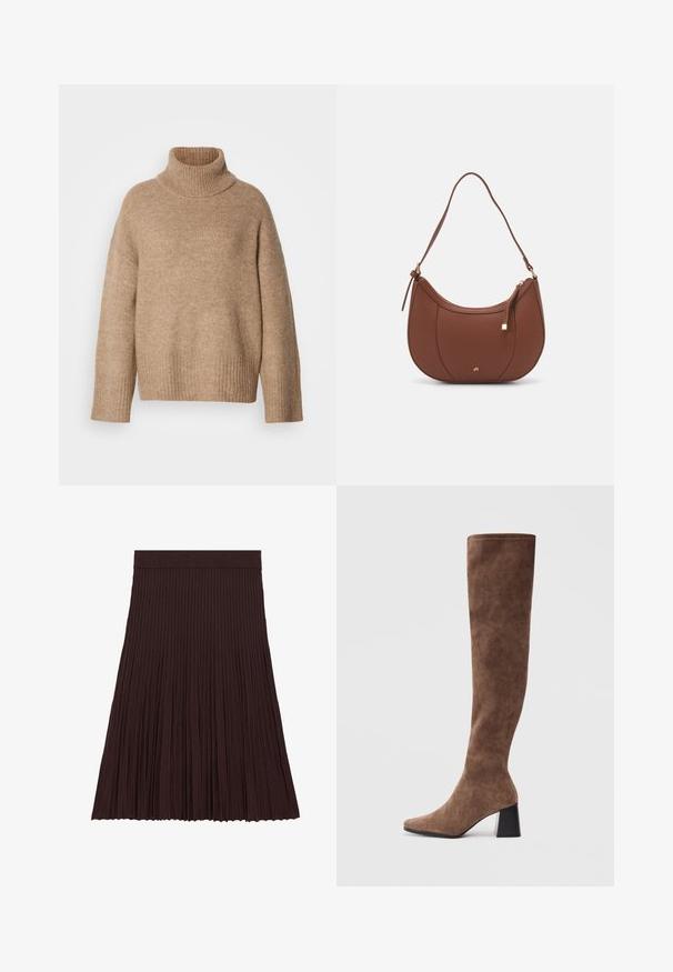 Beige turtleneck sweater made from soft knit fabric. Features a ribbed neckline and cuffs, with a relaxed fit and dropped shoulder seams.; Brown pleated skirt made from soft, ribbed fabric. Features a fitted waistband and a flowy, textured design that falls to mid-calf.; Brown over-the-knee boots made of soft suede with a pointed toe and a chunky black heel. The design features seamless stitching for a sleek look.; Brown faux leather shoulder bag with curved shape, minimal stitching, and a gold-tone hardware accent. Features a top zipper closure and adjustable strap.