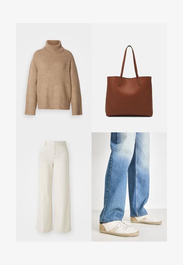 Beežika kaelarätikuga kampsun, mis on valmistatud pehmest kootud kangast. Omaduseks on soonikuga kaelus ja mansetid, lõdvestunud lõige ja langetatud õlasaaled.; Laiad püksid helesbežis värvitoonis, valmistatud siledast kangast. Omavad klassikalist vööd ja siledat fronti puhaste joontega.; Valged sneakerid beeži aktsentide ja tekstuursete detailidega, kombineeritud helesiniste, veidi kulunud, relax-fit teksadega.; Pruun nahast tote-kott, millel on sile tekstuur, avatud ülaosa disain ja kaks õlarihma. Omab minimaalset õmblust ja nähtavat riistvara ei ole.