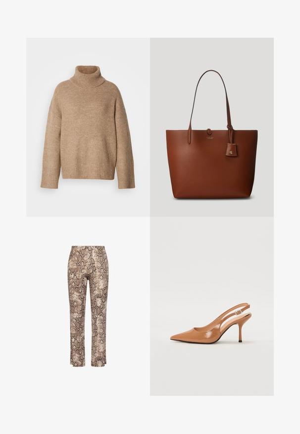 Beige coltrui gemaakt van zacht gebreide stof. Heeft een geribde halslijn en manchetten, met een ontspannen pasvorm en verlaagde schoudernaden.; Slangenhuidprint broek in neutrale bruin- en beigetinten, met een aansluitende pasvorm en een elastische tailleband voor comfort.; Puntige slingback hak in een glad, glanzend beige materiaal. Bevat een gebogen uitsnijdontwerp en een slanke stiletto hak. Zilveren gesp detail.; Bruine lederen tote bag met twee handvatten, een klein bijgevoegd label en een subtiele logo aan de voorkant. Glad textuur met gestructureerde vorm.