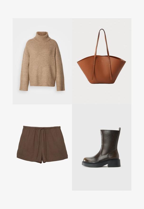 Világosbézs garbó pulóver puha kötött anyagból. Bordázott nyak- és mandzsettakialakítással, laza szabással és eresztett vállvarrással.; Barna vászon rövidnadrág, rugalmas derékkal és zsinórral, egyszerű designnal és sima textúrával. Nincsenek látható zsebek.; Sötétbarna, középig érő bőrcsizma, lekerekített orral, vastag fekete talppal, alacsony block sarkal és hátsó húzókával.; Barna bőr táska széles, struktúrált formával, vékony fogantyúkkal és texturált felülettel. Minimalista dizájnnal rendelkezik, látható fémrészek nélkül.