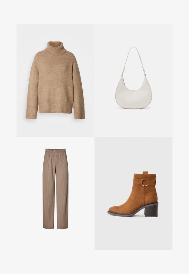 Beige coltrui gemaakt van zacht gebreide stof. Heeft een geribde halslijn en manchetten, met een ontspannen pasvorm en verlaagde schoudernaden.; Plissé wijde broek in een lichtbruine stof met een elastische tailleband, voorzien van verticale strepen voor extra textuur en design.; Bruine suède enkelboot met een ronde neus, blokhak en een decoratieve riem met een ronde gesp.; Crème leren schoudertas met een halve maan vorm, dunne schouderband en subtiele stiksels. Minimalistisch ontwerp met gouden hardware accenten.