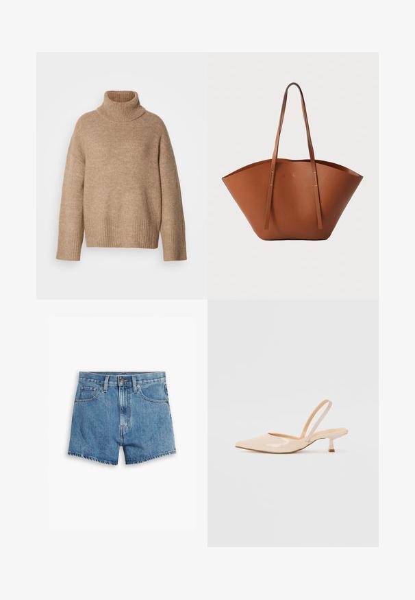 Bēšs augstu uzrullēts džemperis, izgatavots no mīksta adījuma auduma. Tam ir ribots apkakles un aproču apmales, brīvs siluets un nolaižami plecu šuvju izgriezumi.; Gaiši zili džinsu šorti, kas aprīkoti ar piecām kabatām, rāvējslēdzēja aizdari un pogu aizdari. Apakšmala ir saplēsta, un izskats ir brīvs.; Bežīgas lakotas ādas slingback papēži ar smailu purngalu un šauru, kvadrātveida papēdi. Gluda tekstūra un minimālistisks dizains bez dekorēšanas elementiem.; Brūna ādas somiņa ar plašu, strukturētu formu, plānām rokturēm un teksturētu virsmu. Iespējo minimālistisku dizainu bez redzamiem aksesuāriem.