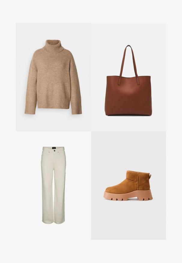 Camisola de gola alta bege feita de tecido de malha macia. Apresenta gola e punhos canelados, com um ajuste descontraído e ombros caídos.; Calças de denim de perna larga, na cor creme, com fecho de botão e zip, cinco bolsos e detalhes de costura subtis. Material em algodão.; Botas de tornozelo em camurça bege com biqueira arredondada, sola texturizada castanha e laço de puxar. Apresenta uma costura costurada e um design de plataforma robusta.; Bolsa tote de couro castanho com uma textura suave, design de abertura superior e duas alças para o ombro. Apresenta costura mínima e sem hardware visível.