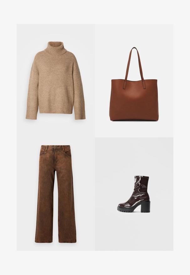 Camisola de gola alta bege feita de tecido de malha macia. Apresenta gola e punhos canelados, com um ajuste descontraído e ombros caídos.; Calças largas castanhas feitas de denim, com um acabamento texturizado, fecho de botão e zíper, e dois bolsos frontais.; Bota de tornozelo burgundy brilhante com um salto preto robusto, apresentando uma textura suave e um design simples. Sem fechos ou padrões visíveis.; Bolsa tote de couro castanho com uma textura suave, design de abertura superior e duas alças para o ombro. Apresenta costura mínima e sem hardware visível.