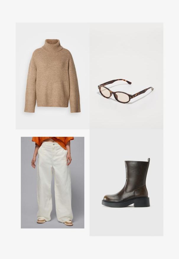 Maglione beige a collo alto realizzato in morbido tessuto a maglia. Presenta un collo e polsini a coste, con una vestibilità rilassata e spalle scese.; Pantaloni in denim bianco a gamba larga con tasche laterali e design a taglio dritto, dotati di chiusura con bottoni e dettagli di cucitura a contrasto.; Stivale in pelle marrone scuro a metà polpaccio con punta rotonda, suola nera spessa, tacco basso a blocco e linguetta sul retro.; Occhiali da sole tartarugati con forma arrotondata e lenti chiare. Presentano aste robuste con piccoli dettagli dorati, realizzati in materiale plastico.; Borsa tote in pelle marrone con una forma ampia e strutturata, manici sottili e una finitura testurizzata. Presenta un design minimalista senza hardware visibile.