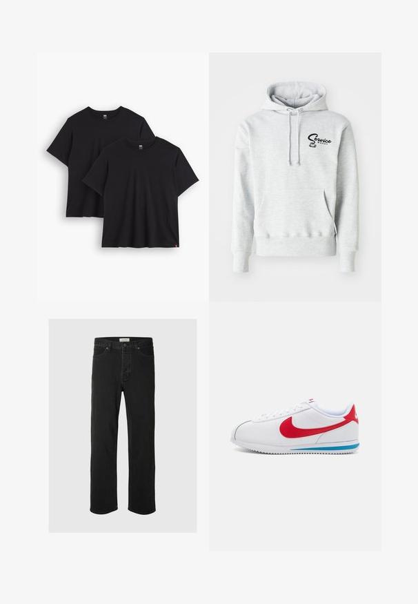 Pilka kapušinė, pagaminta iš minkštos medžiagos, su priekiu kišenėje, raišteliu reguliuojamu kapišonu ir juodu "Service Works" logotipu kairėje krūtinės pusėje.; Duos juodų medvilninių marškinėlių su trumpomis rankovėmis, apvaliais iškirpimais ir laisvu siluetu. Kiekvienas turi mažą audinį etiketę prie krašto.; Juodos džinsinės tiesaus silueto kelnės turi klasiką penkių kišenių dizainą su mygtukų uždarymu, minimaliais siūlais ir minkšta tekstūra.; Baltas sportinis batelis su raudonais akcentais, turintis lygaus odos viršutinę dalį, apvalų pirštą ir mėlyną padą. Knyginio raištelio dizainas su matomais siuvimo detalėmis.