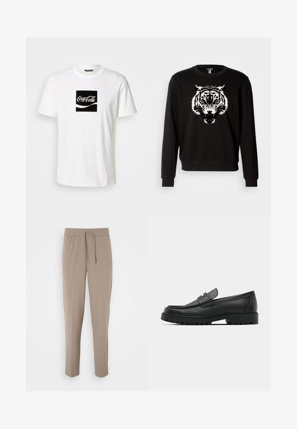 Črna majica s dolgimi rokavi, ki ima na sprednji strani velik beli tiger grafiko. Narejena iz bombaža s klasičnim krojem okroglega vratu.; Bela bomba majica iz bombaža, ki ima črn kvadratni grafični vzorec z logotipom Coca-Cole in valovitimi oblikami v belem, kratkimi rokavi in okrogli ovratnik.; Svetlo bež hlače z elastičnim pasom, nastavljivo vrvico in ozkimi nogami. Tkanina se zdi gladka z rahlim sijajem.; Črne usnjene loafers čevlje z zaobljenim nosom, ki imajo šivano zasnovo, nizko platformo in teksturiran, profiliran gumijast podplat.