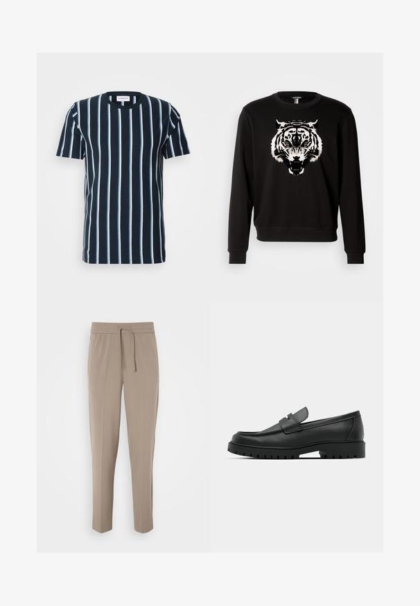 Sweatshirt preto com mangas longas, apresentando um grande gráfico de um tigre branco na frente. Feito de algodão com um design clássico de gola redonda.; T-shirt às riscas azul-marinho com riscas brancas verticais, decote redondo, mangas curtas e um corte descontraído. Tecido de algodão suave.; Calças bege claras com cintura elástica, cordão ajustável e pernas ajustadas. O tecido parece suave com um leve brilho.; Sapatilhas de couro preto com bico arredondado, apresentando um design cosido, sola de plataforma baixa e um solado de borracha texturizado e com cravos.