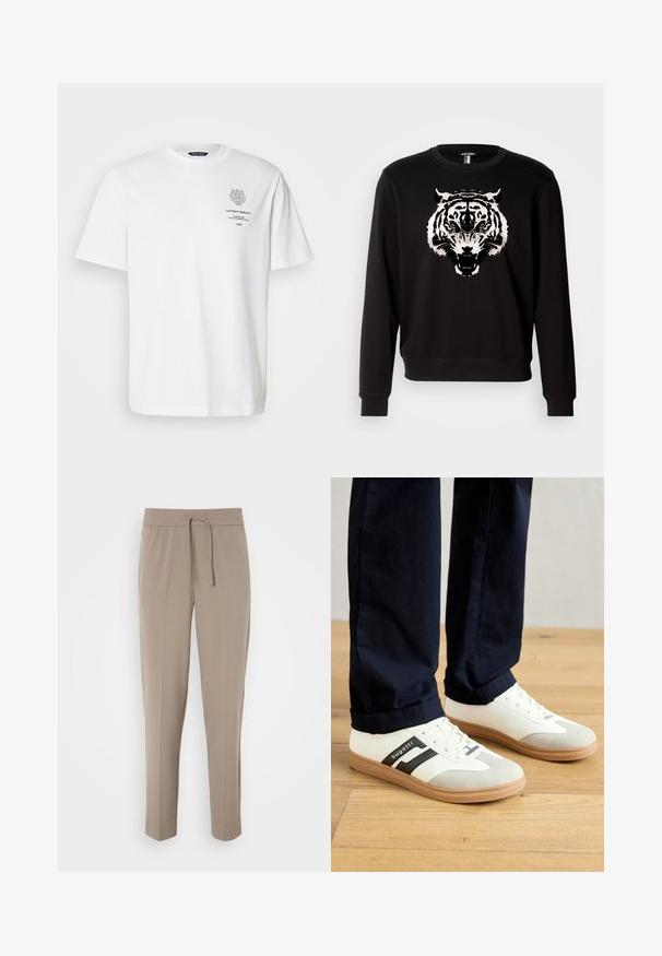 Juodas ilgomis rankovėmis džemperis su dideliu baltos tigro piešiniu priekyje. Pagamintas iš medvilnės, turi klasikinį apvalų kaklą.; Balta medvilninė marškinėliai su apvaliu iškirpimu, trumpomis rankovėmis ir pilku atspaudiniu logotipu bei tekstu priekyje.; Šviesiai beigės kelnės su elastiniu juosmeniu, reguliuojama raišteliu ir siaurėjantys kojomis. Audinys atrodo lygus su švelniu blizgesiu.; Balti ir pilki sportbačiai su juodais dryžiais, pagaminti iš odos, su guma padėklo ir plokščiomis raišteliais. Dėvimi su tamsiai mėlynomis kelnėmis ant medinės grindų.